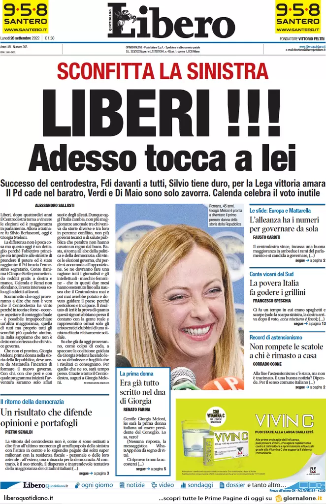 Prime pagine giornali 26 settembre 2022. Elezioni, resa dei conti in Pd e Lega