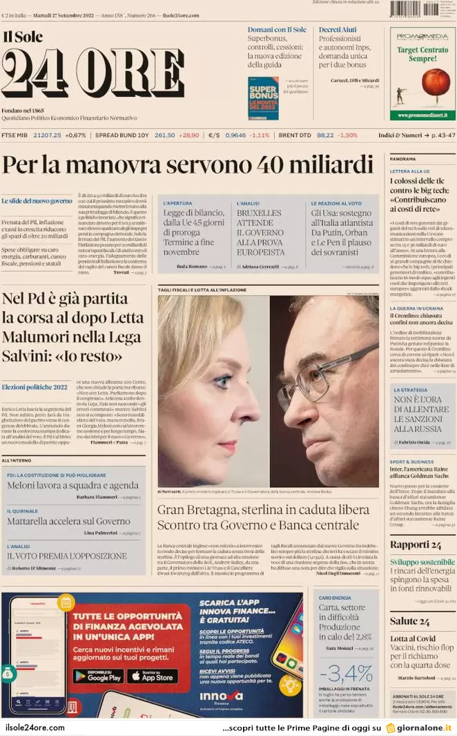 Prime pagine giornali 27 settembre 2022. Tesoro, la sfida Panetta-Siniscalco
