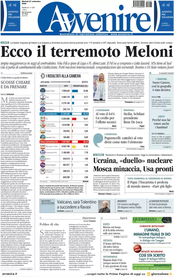 Prime pagine giornali 27 settembre 2022. Tesoro, la sfida Panetta-Siniscalco