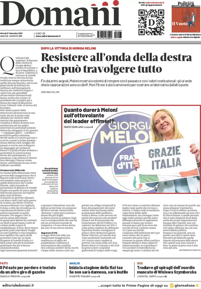 Prime pagine giornali 27 settembre 2022. Tesoro, la sfida Panetta-Siniscalco