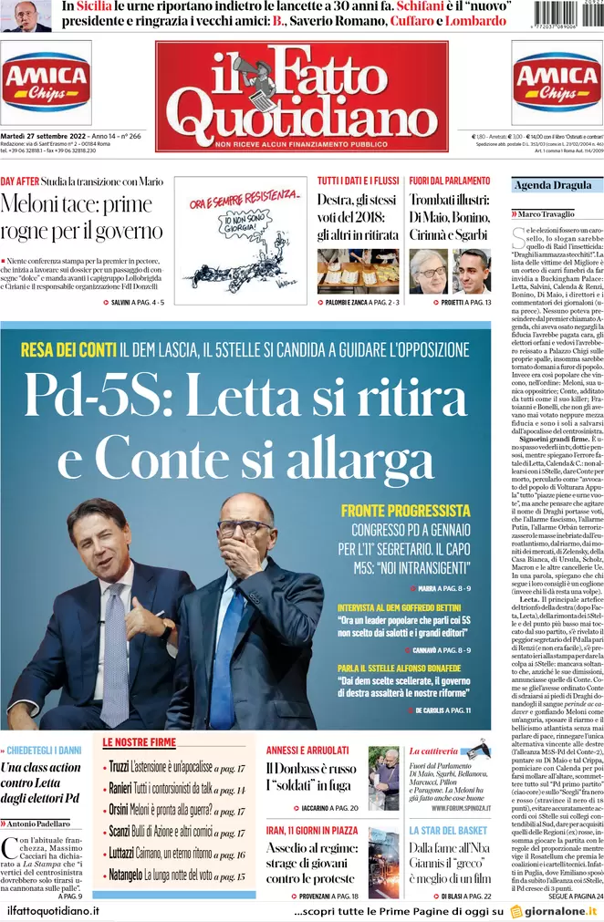 Prime pagine giornali 27 settembre 2022. Tesoro, la sfida Panetta-Siniscalco