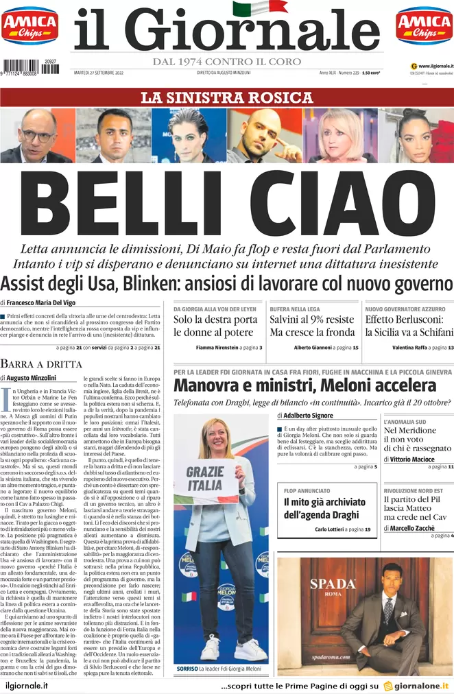 Prime pagine giornali 27 settembre 2022. Tesoro, la sfida Panetta-Siniscalco