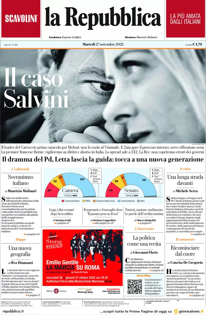Prime pagine giornali 27 settembre 2022. Tesoro, la sfida Panetta-Siniscalco