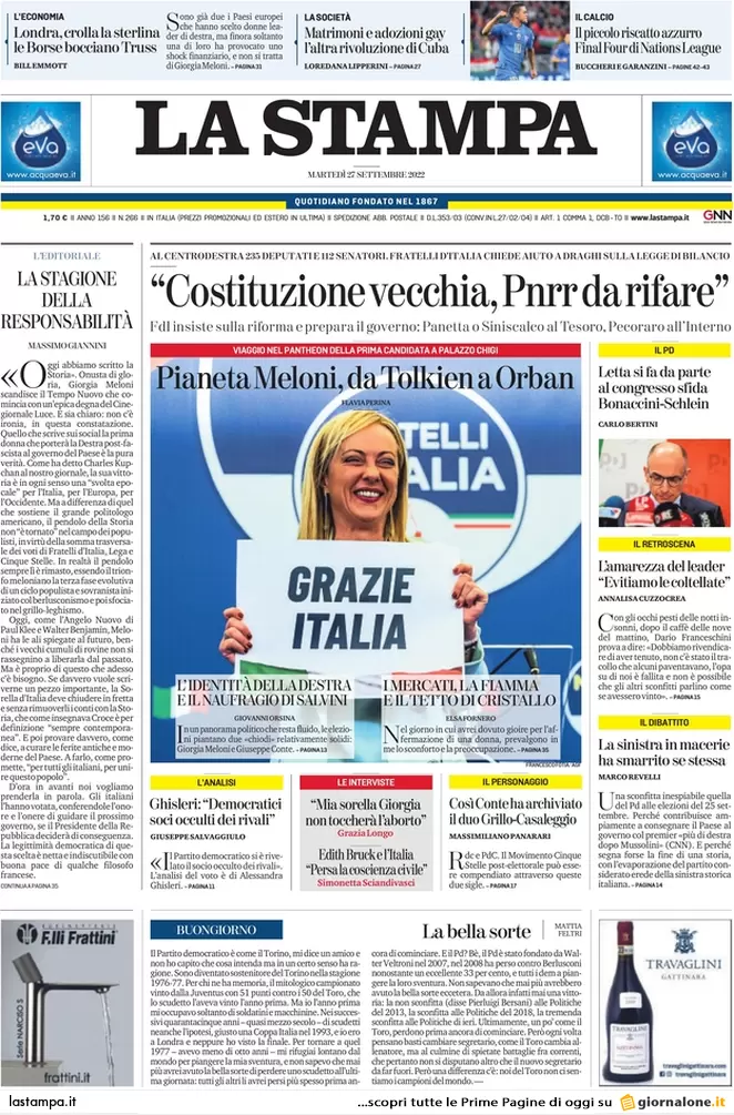 Prime pagine giornali 27 settembre 2022. Tesoro, la sfida Panetta-Siniscalco