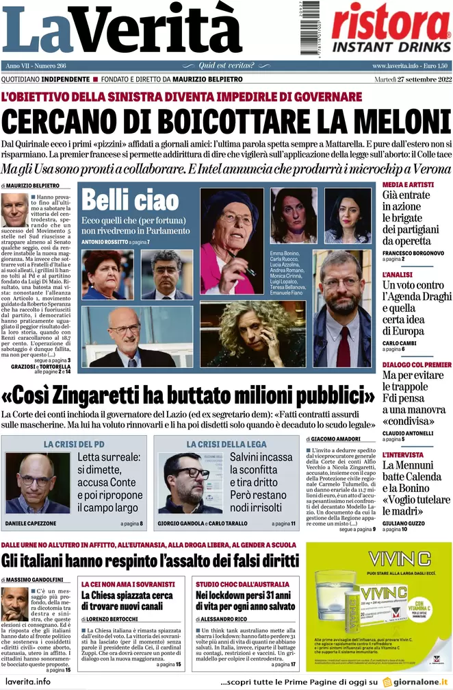 Prime pagine giornali 27 settembre 2022. Tesoro, la sfida Panetta-Siniscalco