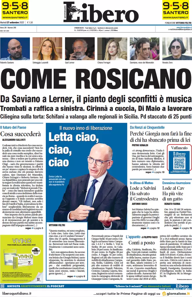 Prime pagine giornali 27 settembre 2022. Tesoro, la sfida Panetta-Siniscalco