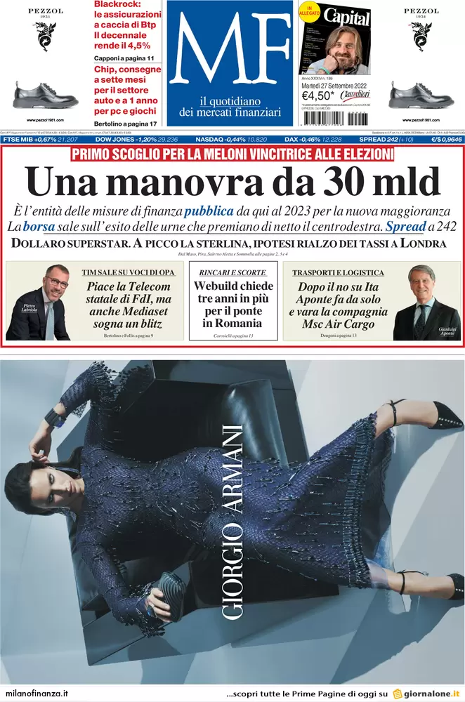 Prime pagine giornali economici 27 settembre. Per la manovra servono 40 mld Prime pagine giornali economici 27 settembre. Per la manovra servono 40 mld