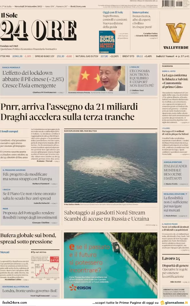 Prime pagine giornali 28 settembre 2022. Gasdotto russo sabotato, Ue nei guai Prime pagine giornali 28 settembre 2022. Gasdotto russo sabotato, Ue nei guai