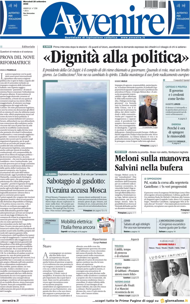 Prime pagine giornali 28 settembre 2022. Gasdotto russo sabotato, Ue nei guai Prime pagine giornali 28 settembre 2022. Gasdotto russo sabotato, Ue nei guai