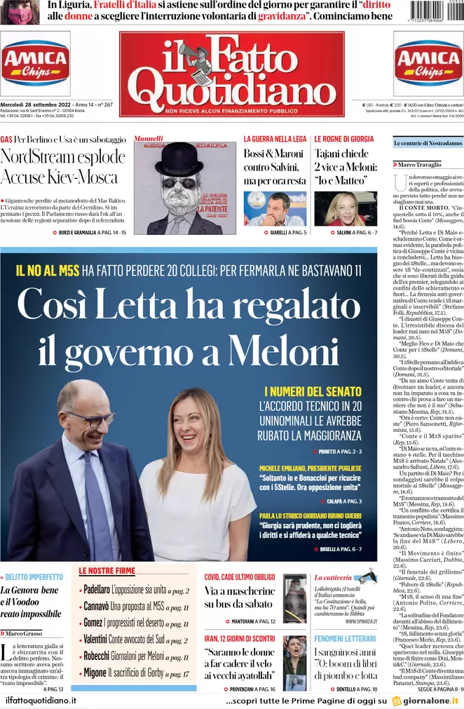 Prime pagine giornali 28 settembre 2022. Gasdotto russo sabotato, Ue nei guai Prime pagine giornali 28 settembre 2022. Gasdotto russo sabotato, Ue nei guai