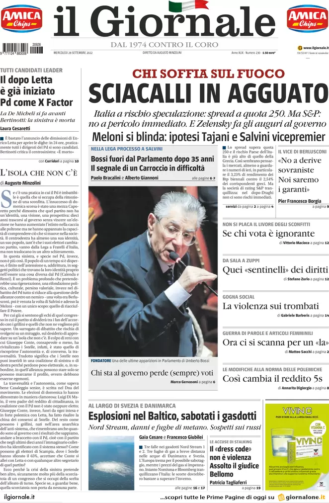 Prime pagine giornali 28 settembre 2022. Gasdotto russo sabotato, Ue nei guai Prime pagine giornali 28 settembre 2022. Gasdotto russo sabotato, Ue nei guai