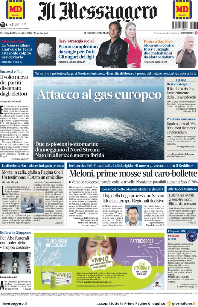 Prime pagine giornali 28 settembre 2022. Gasdotto russo sabotato, Ue nei guai Prime pagine giornali 28 settembre 2022. Gasdotto russo sabotato, Ue nei guai