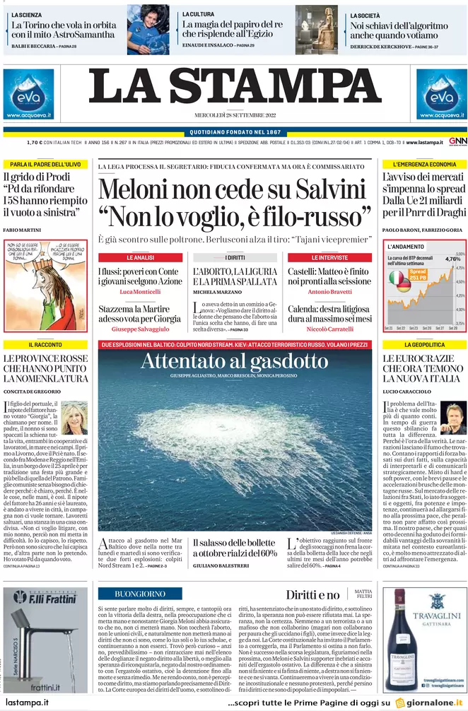 Prime pagine giornali 28 settembre 2022. Gasdotto russo sabotato, Ue nei guai Prime pagine giornali 28 settembre 2022. Gasdotto russo sabotato, Ue nei guai