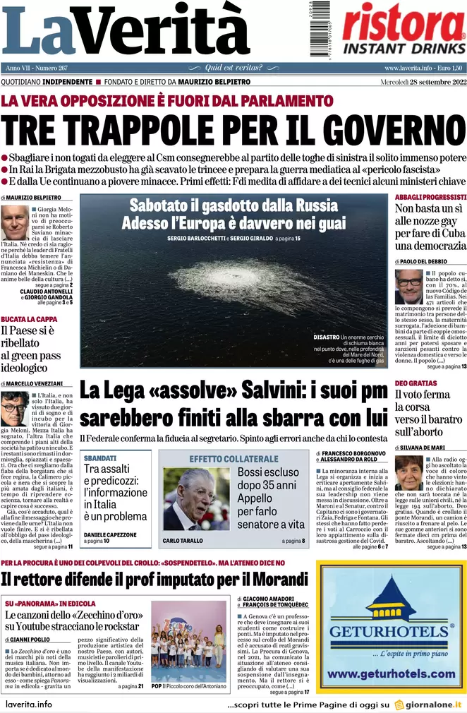 Prime pagine giornali 28 settembre 2022. Gasdotto russo sabotato, Ue nei guai Prime pagine giornali 28 settembre 2022. Gasdotto russo sabotato, Ue nei guai
