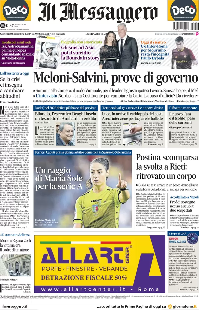 Prime pagine giornali 29 settembre 2022. Professore ucciso, fermato un bidello