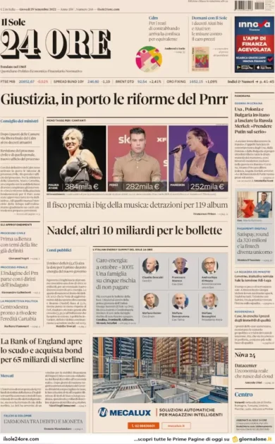 Prime pagine giornali economici 29 settembre. Tesoretto di 10 mld per luce-gas