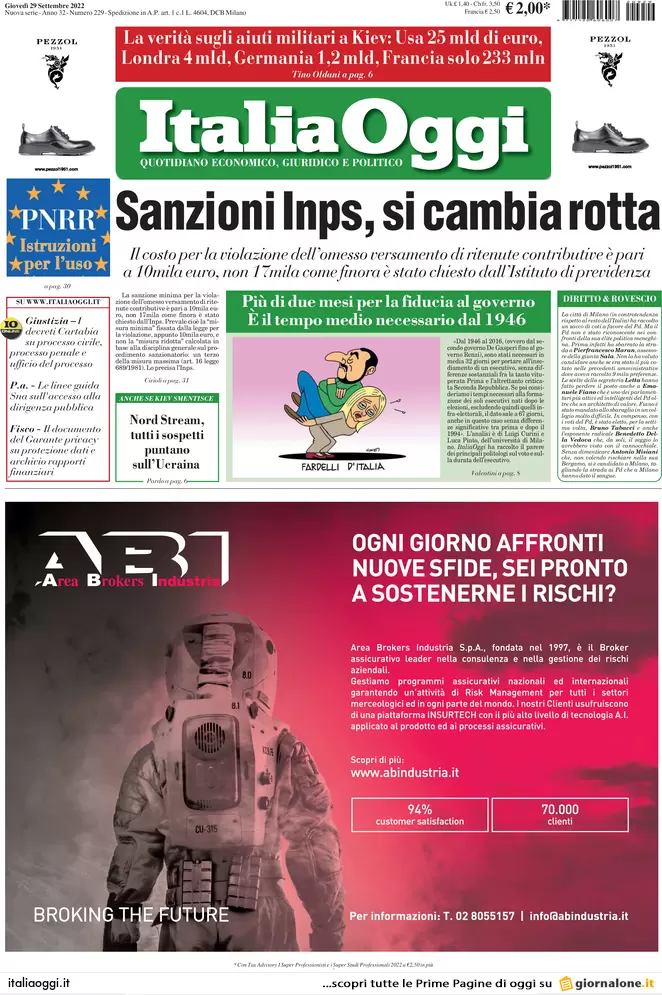 Prime pagine giornali economici 29 settembre. Tesoretto di 10 mld per luce-gas