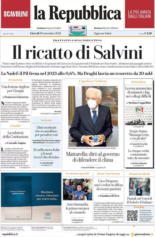 Prime pagine giornali 29 settembre 2022. Professore ucciso, fermato un bidello