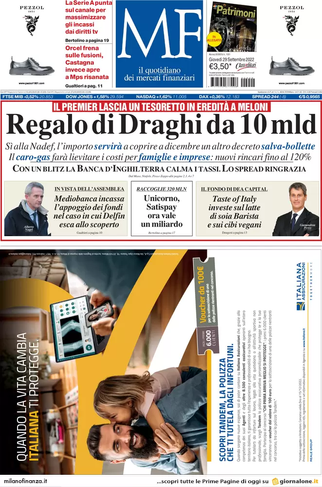 Prime pagine giornali economici 29 settembre. Tesoretto di 10 mld per luce-gas