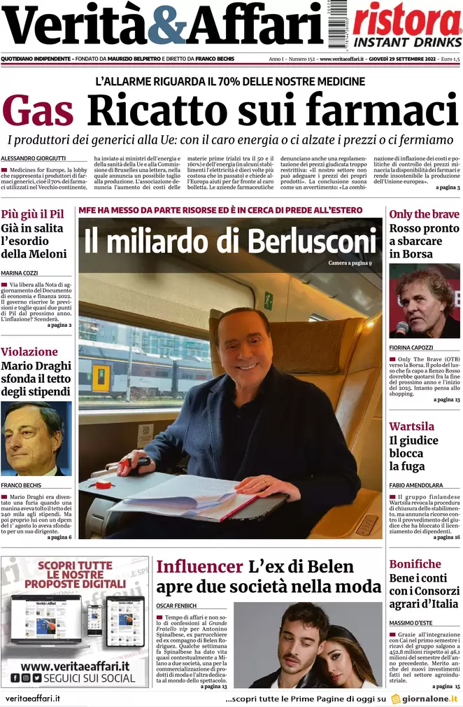 Prime pagine giornali economici 29 settembre. Tesoretto di 10 mld per luce-gas