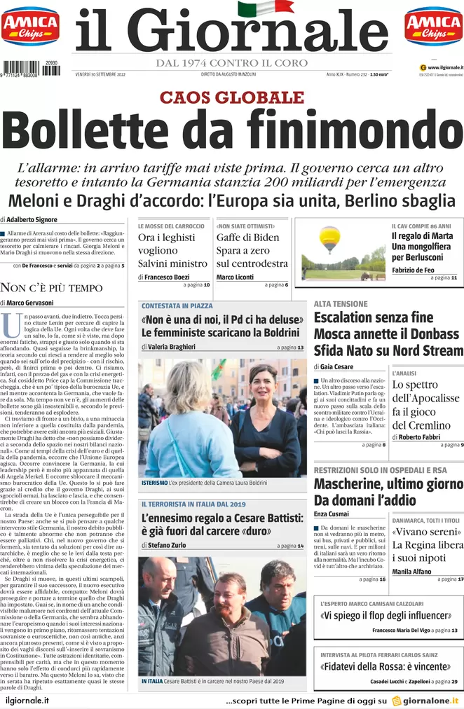 Prime pagine giornali 30 settembre 2022. Omicidio Abano, confessa la fidanzata