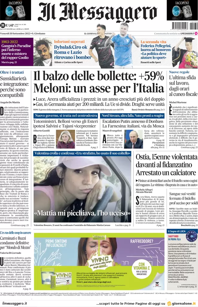 Prime pagine giornali 30 settembre 2022. Omicidio Abano, confessa la fidanzata