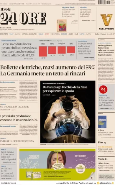 Prime pagine giornali economici 30 settembre. Crisi, Borse in caduta libera