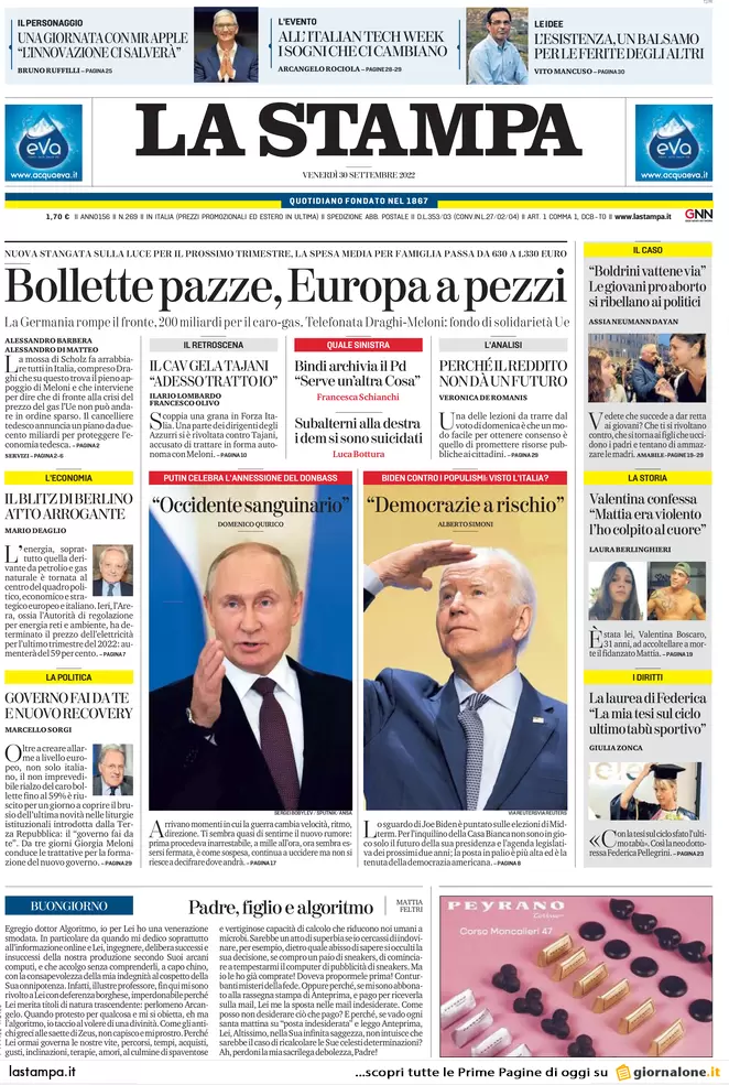 Prime pagine giornali 30 settembre 2022. Omicidio Abano, confessa la fidanzata