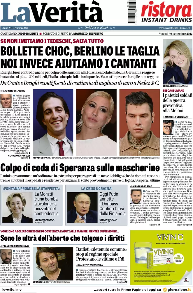 Prime pagine giornali 30 settembre 2022. Omicidio Abano, confessa la fidanzata