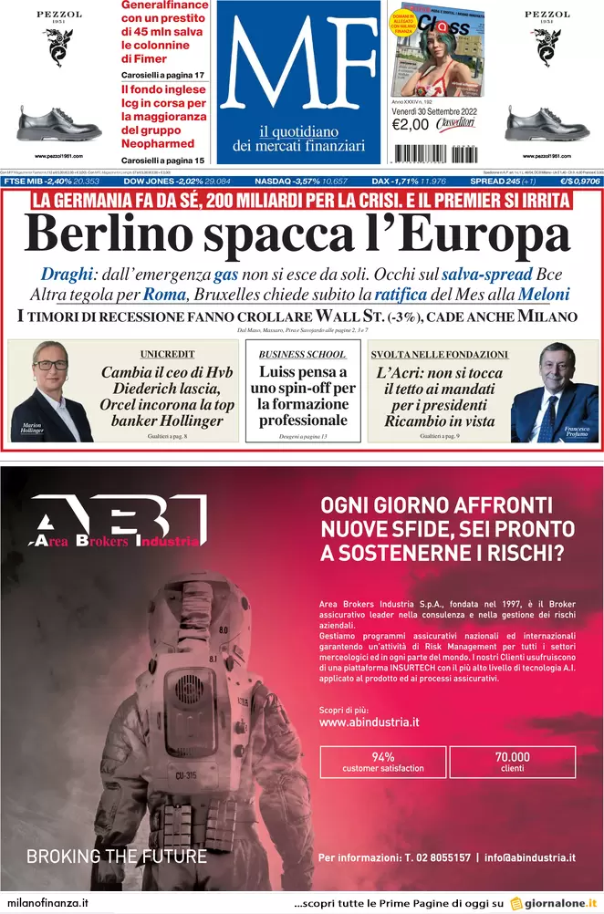 Prime pagine giornali economici 30 settembre. Crisi, Borse in caduta libera