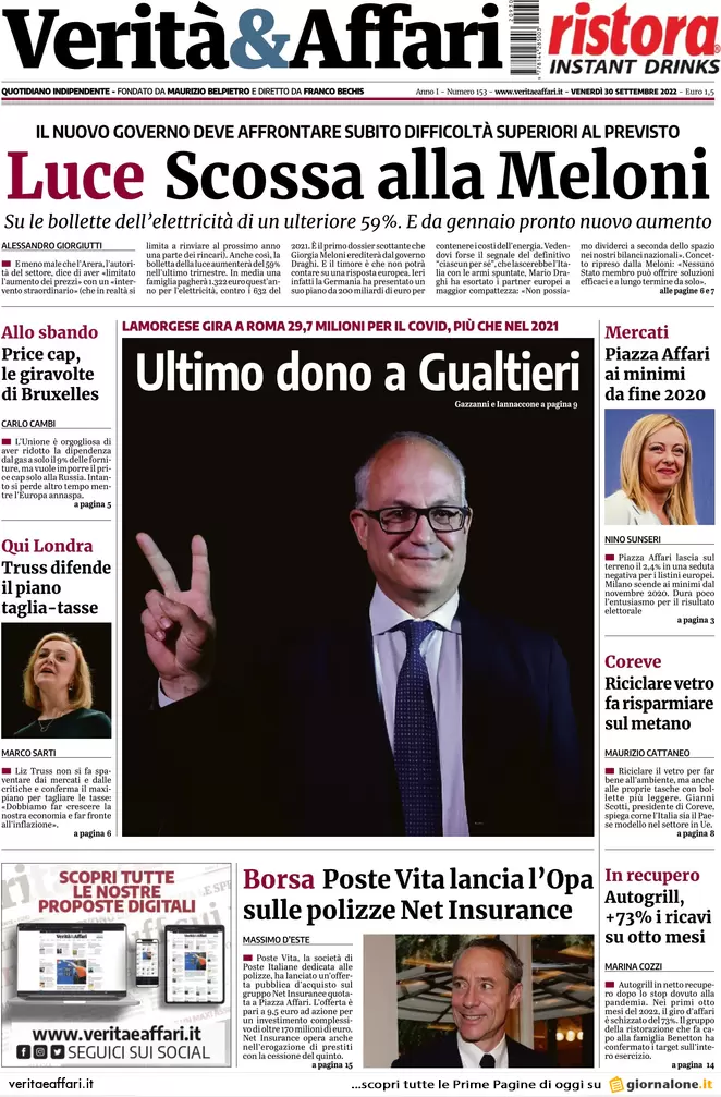 Prime pagine giornali economici 30 settembre. Crisi, Borse in caduta libera