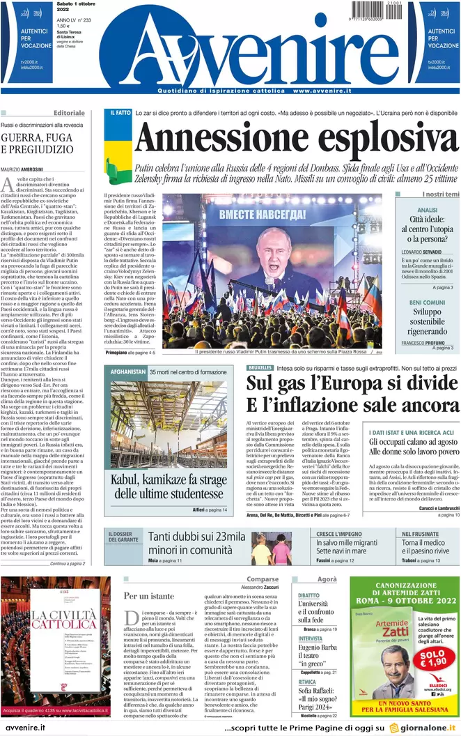 Prime pagine giornali 1 ottobre 2022. Annessioni russe e gas bruciano l’Ue