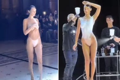 Bella Hadid seminuda in passerella: poi le “spruzzano” l’abito addosso. VIDEO