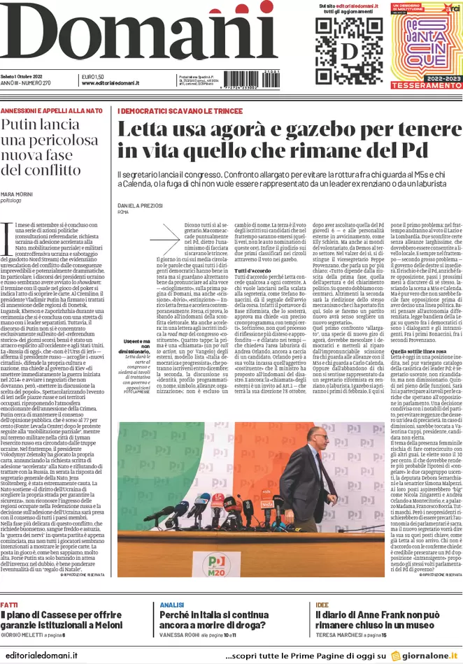 Prime pagine giornali 1 ottobre 2022. Annessioni russe e gas bruciano l’Ue