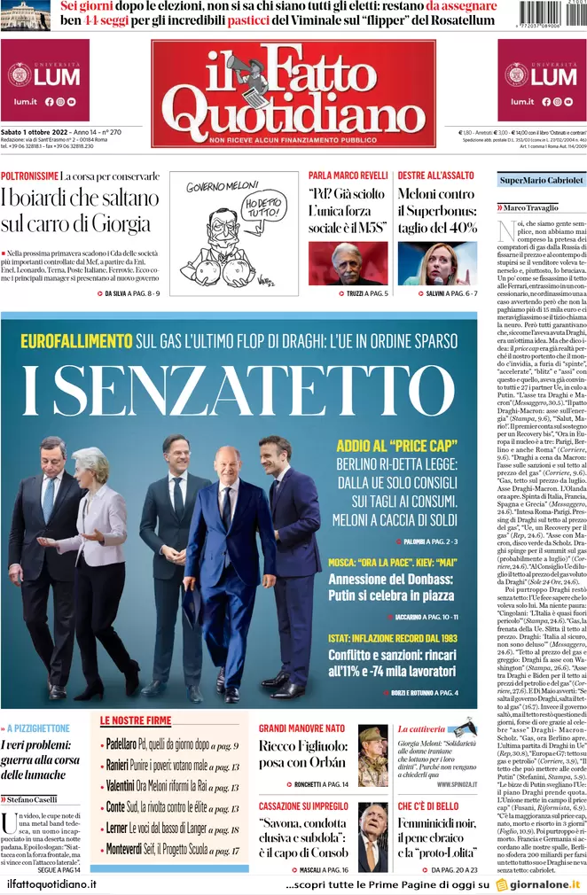 Prime pagine giornali 1 ottobre 2022. Annessioni russe e gas bruciano l’Ue