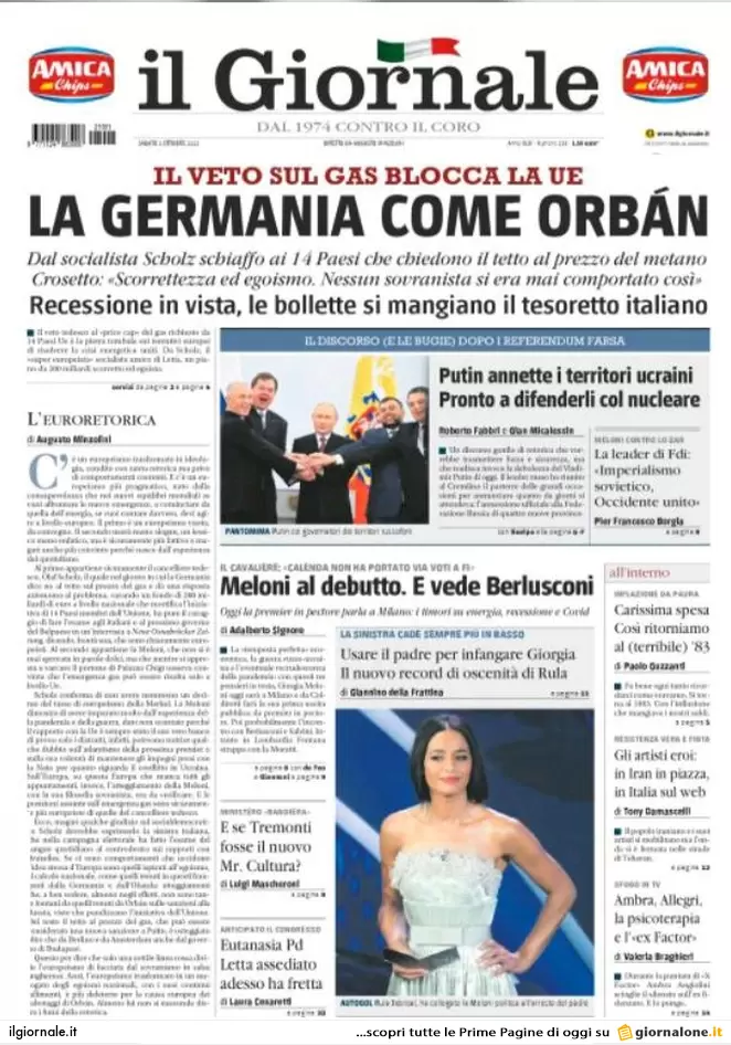 Prime pagine giornali 1 ottobre 2022. Annessioni russe e gas bruciano l’Ue