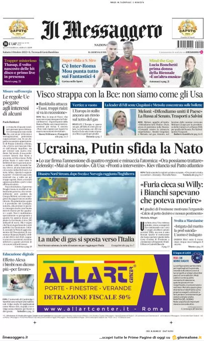 Prime pagine giornali 1 ottobre 2022. Annessioni russe e gas bruciano l’Ue