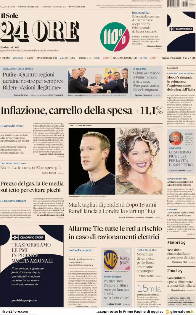 Prime pagine giornali economici 1 ottobre. Inflazione e boom di avvisi bonari
