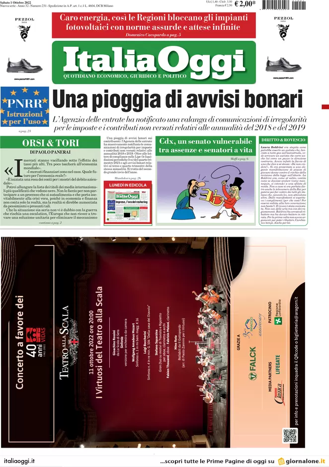 Prime pagine giornali economici 1 ottobre. Inflazione e boom di avvisi bonari