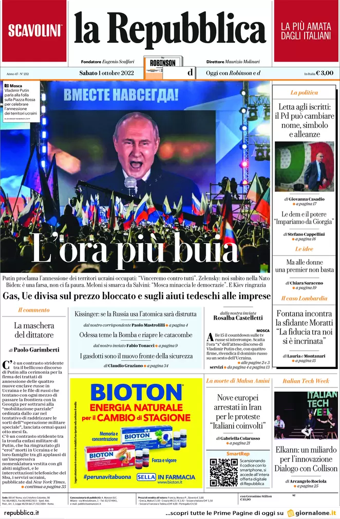 Prime pagine giornali 1 ottobre 2022. Annessioni russe e gas bruciano l’Ue