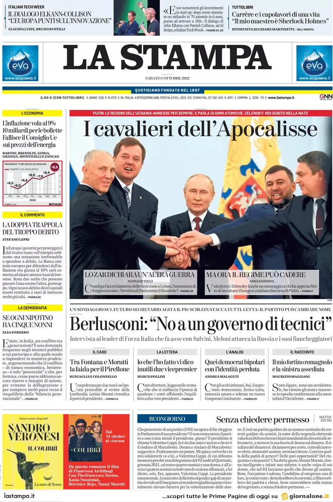 Prime pagine giornali 1 ottobre 2022. Annessioni russe e gas bruciano l’Ue