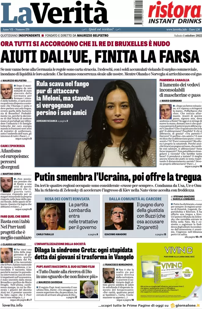 Prime pagine giornali 1 ottobre 2022. Annessioni russe e gas bruciano l’Ue