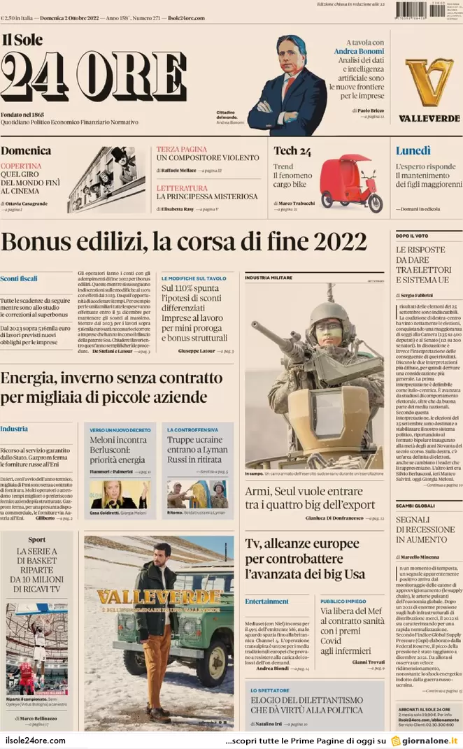Prime pagine giornali 2 ottobre 2022. Scontro sui tecnici, Kiev chiama Meloni