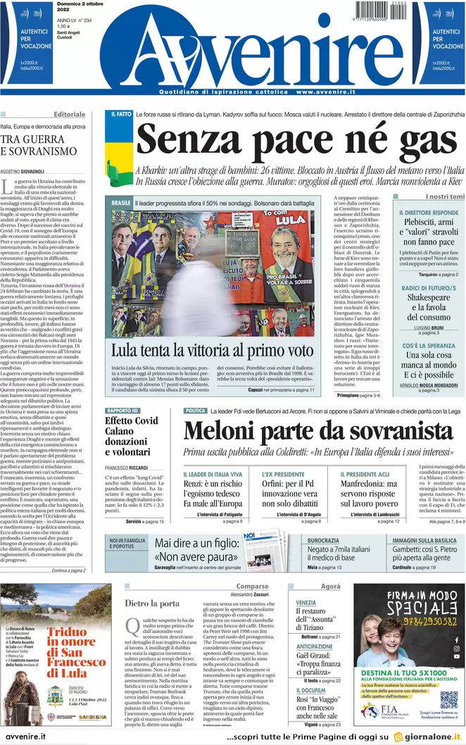 Prime pagine giornali 2 ottobre 2022. Scontro sui tecnici, Kiev chiama Meloni