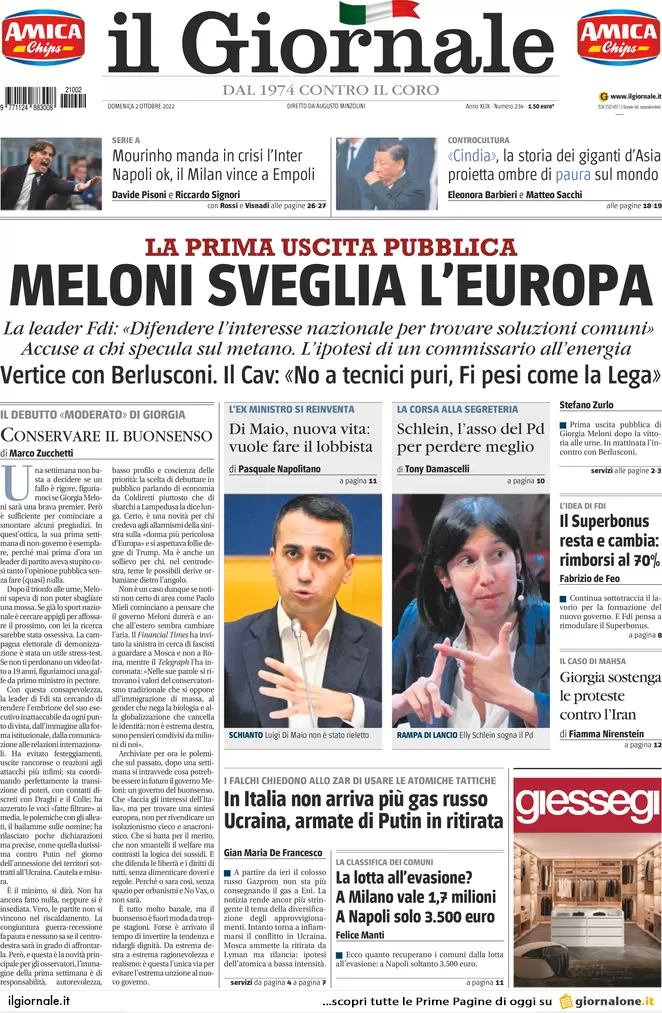 Prime pagine giornali 2 ottobre 2022. Scontro sui tecnici, Kiev chiama Meloni