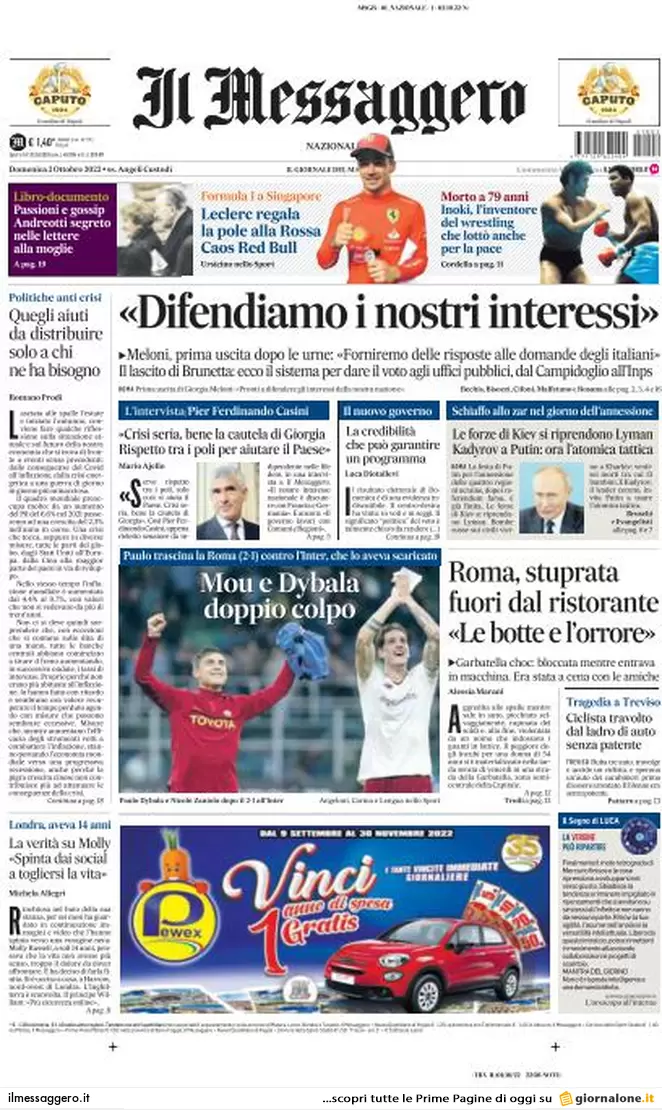 Prime pagine giornali 2 ottobre 2022. Scontro sui tecnici, Kiev chiama Meloni