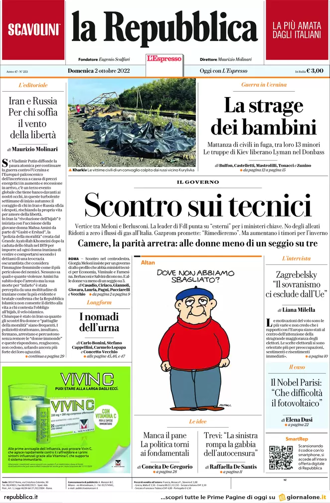 Prime pagine giornali 2 ottobre 2022. Scontro sui tecnici, Kiev chiama Meloni