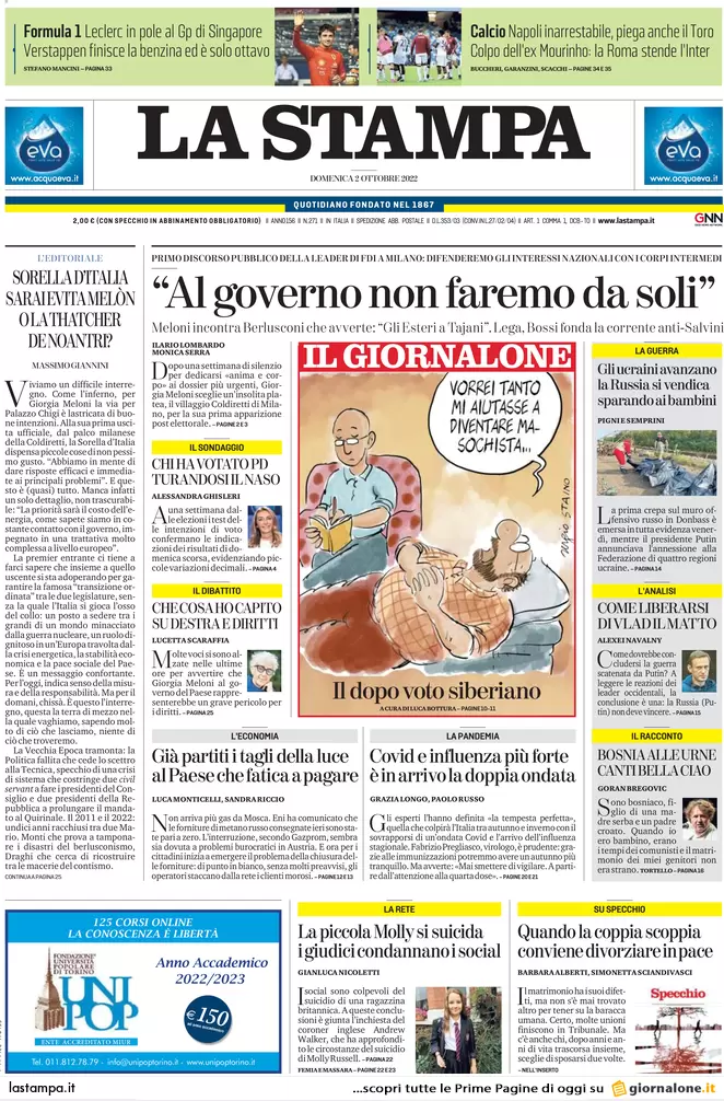 Prime pagine giornali 2 ottobre 2022. Scontro sui tecnici, Kiev chiama Meloni