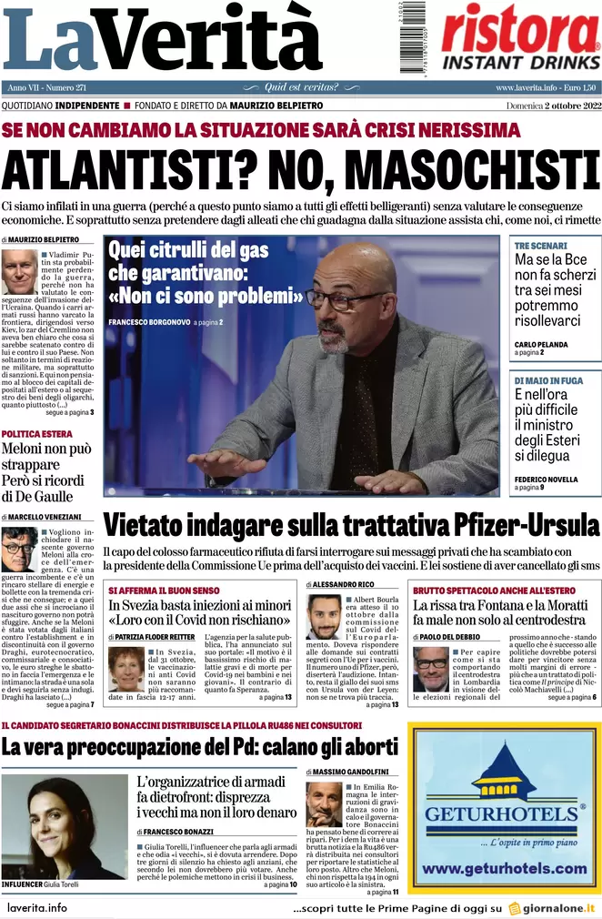 Prime pagine giornali 2 ottobre 2022. Scontro sui tecnici, Kiev chiama Meloni
