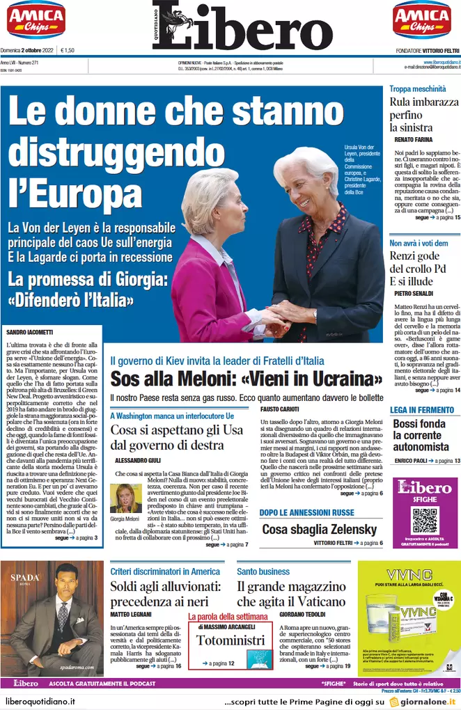 Prime pagine giornali 2 ottobre 2022. Scontro sui tecnici, Kiev chiama Meloni
